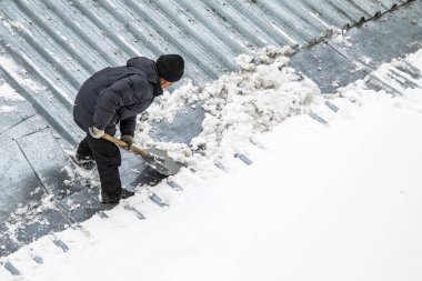 Bir adam kaldırır kar küreği üstten görünüm, metal çatı.
