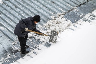 Bir adam kaldırır kar küreği üstten görünüm, metal çatı.