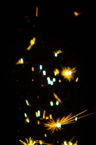 Defocused Sparks Fire Black Background Bright Bokeh Blurred Background Fire — Stock Photo, Image