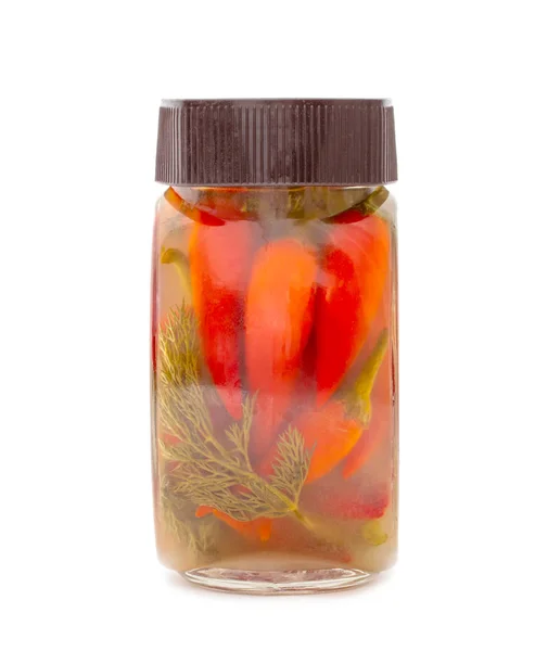 Glass Jar Red Marinated Chilli Peppers Isolated White Background Studio — Stock Photo, Image