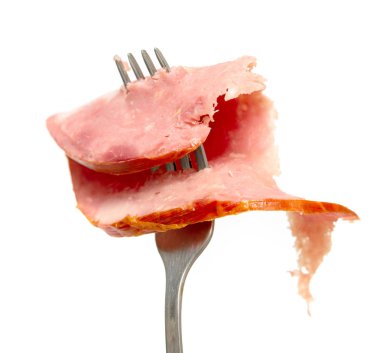 Sosis bir çatal, beyaz arka plan, fotoğraf stüdyosu.