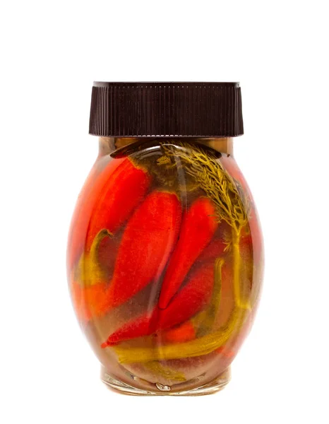 Glass Jar Red Marinated Chilli Peppers Isolated White Background Studio — Stock Photo, Image