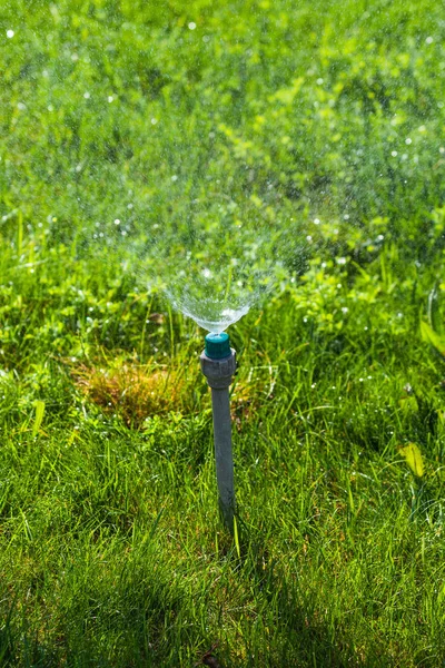 Irrigation System Watering Green Grass Bokeh Background — Stock Photo, Image