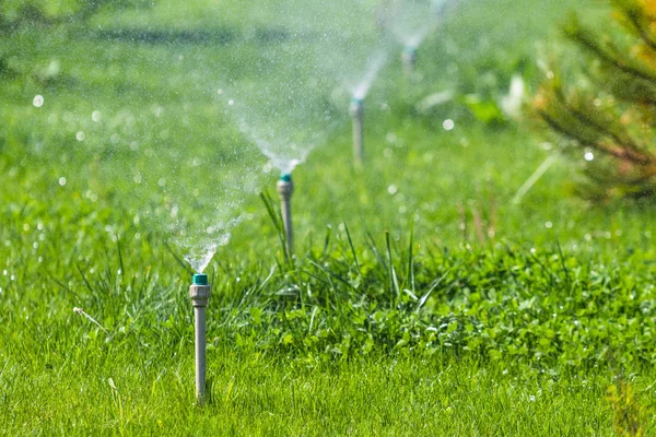 ボケ背景と緑の芝生に散水灌漑システム — ストック写真