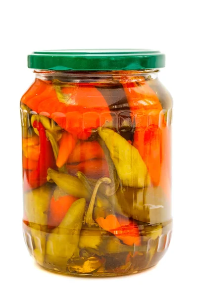 Glass Jar Pickled Peppers White Background — Stock Photo, Image