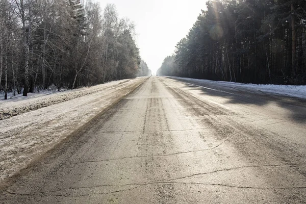 Road Asphalt Sky Forest Winter Landscape — Stock Photo, Image