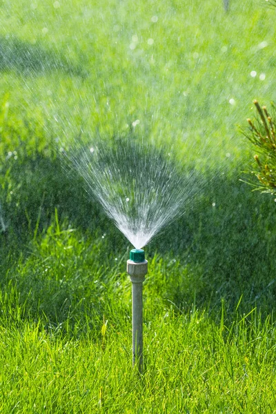 Bevattnings System Vattning Det Gröna Gräset Med Bokeh Bakgrund — Stockfoto