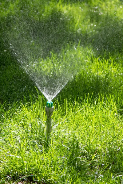 Irrigation System Watering Green Grass Bokeh Background Stock Picture