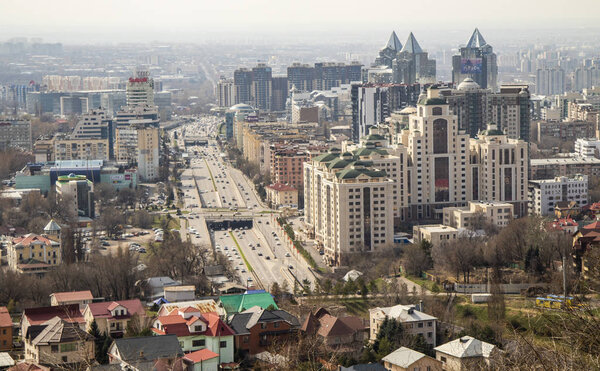 ALMATY, KAZAKHSTAN - March 29, 2019: Modern architecture in Almaty city, Kazakhstan. View from above.