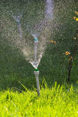Sulama sistemi bokeh arka plan ile yeşil çim sulama.