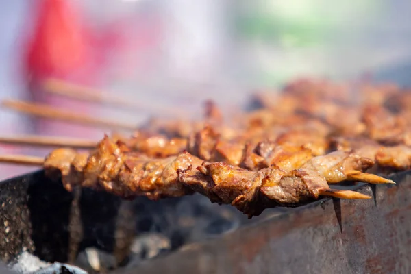 Skewers Food Roast Meat Coals Smoke Out Focus — Stock Photo, Image