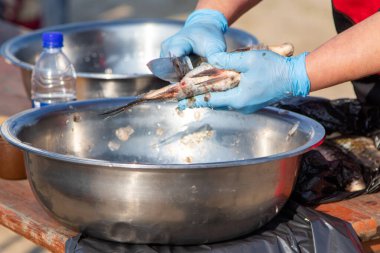 Masanın üzerinde, balığı teraziden temizle ve bağırsaklarını çıkar. Balığı temizlemek için bıçak kullanan taze balık filetosu. Deniz ürünleri pişirme.