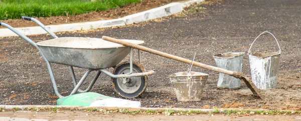 Wheelbarrow Yellow Trolley Construction Using Feathers Stones Sand Cement Others — Stock Photo, Image