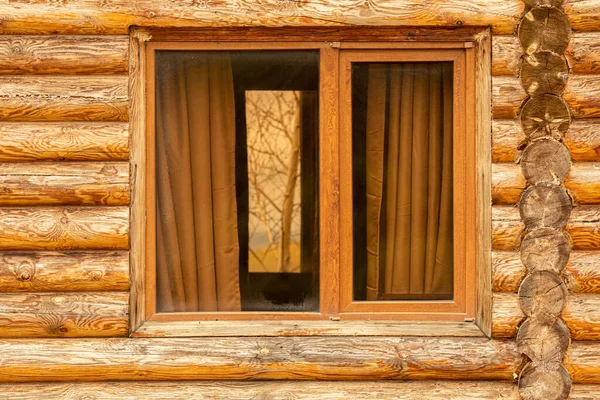 Background of a wooden house, window closeup. — Stock Image Background Wooden House Window Closeup Stock Image
