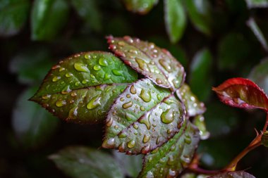 Bir gül yaprakları üzerinde yağmur damlaları, yeşil kırmızı yaprak.