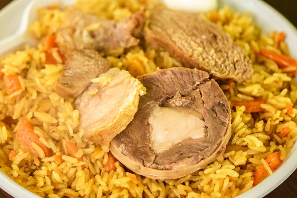 Riz Carottes Viande Nourriture Pilaf Gros Plan — Photo