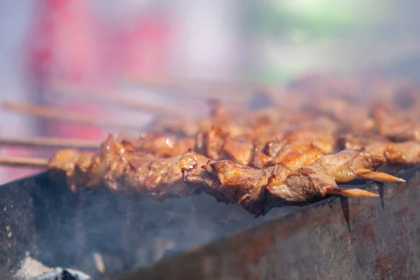 Spieße Grillfleisch Auf Den Kohlen Der Rauch Ist Unscharf — Stockfoto