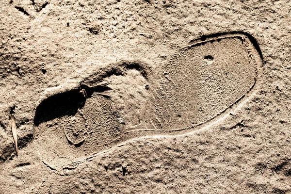 Footprint from shoes in green sand, background texture of the earth.