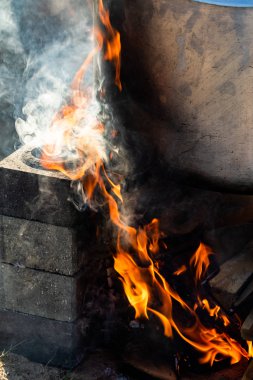 Abstract background, bright flame of fire, burnt pieces of wood.