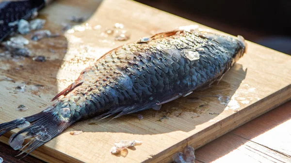 Mesa Limpie Pescado Las Escamas Retire Las Entrañas Pelado Filete — Foto de Stock