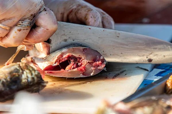 Mesa Limpie Pescado Las Escamas Retire Las Entrañas Pelado Filete — Foto de Stock