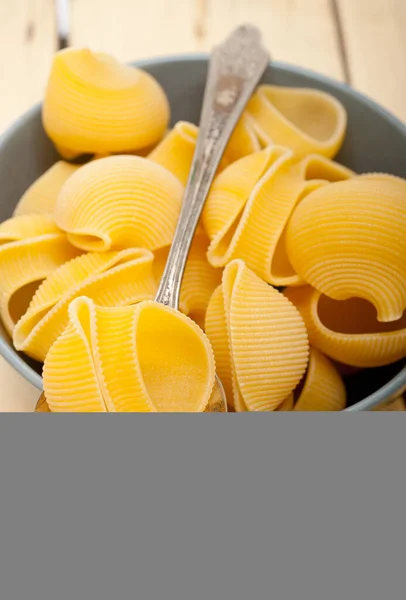 Rohe Italienische Schnecken Lumaconi Pasta Auf Einer Blauen Schüssel Über — Stockfoto