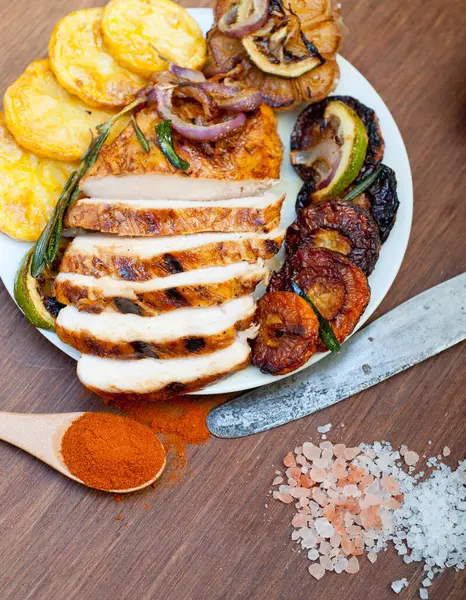 Roasted Grilled Bbq Chicken Breast Herbs Spices Rustic Style — Stock Photo, Image