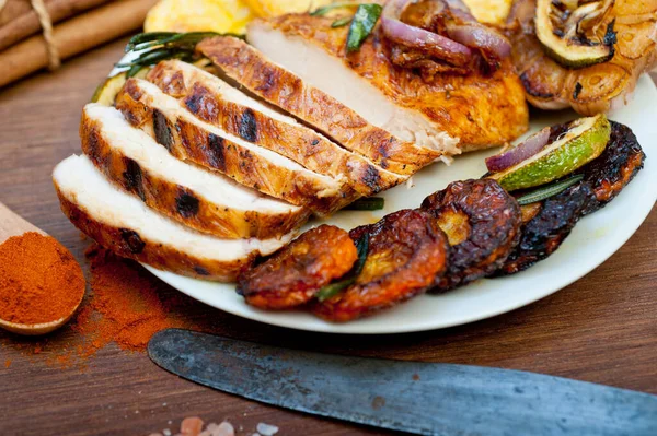 Roasted Grilled Bbq Chicken Breast Herbs Spices Rustic Style — Stock Photo, Image