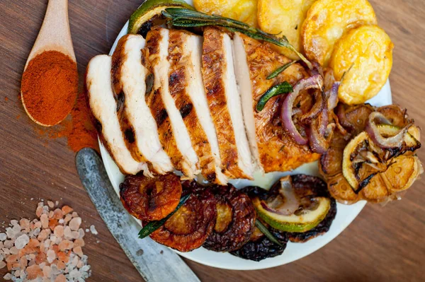 Roasted Grilled Bbq Chicken Breast Herbs Spices Rustic Style — Stock Photo, Image