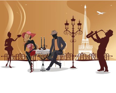 İnsanlar içinde romantik caf, caz müzisyenleri, kahve içme dizi garsonlar tablolar hizmet. Elle çizilmiş resimler.