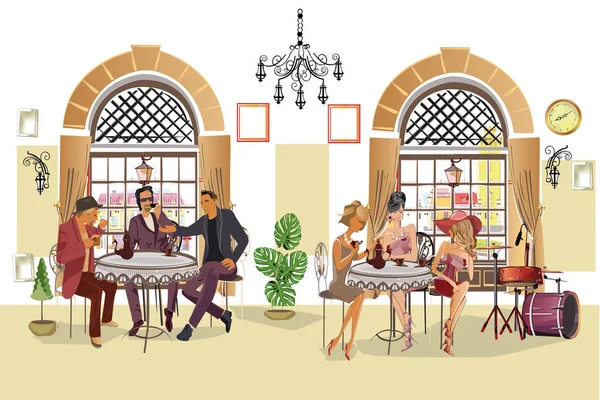 在浪漫咖啡馆里喝咖啡的人系列 爵士乐音乐家 侍者服务桌 手绘插图 — 图库矢量图片
