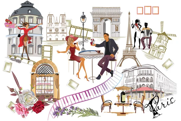 Σύνολο Των Εικονογραφήσεων Παρίσι Κορίτσια Της Μόδας Καφέ Και Μουσικούς — Διανυσματικό Αρχείο