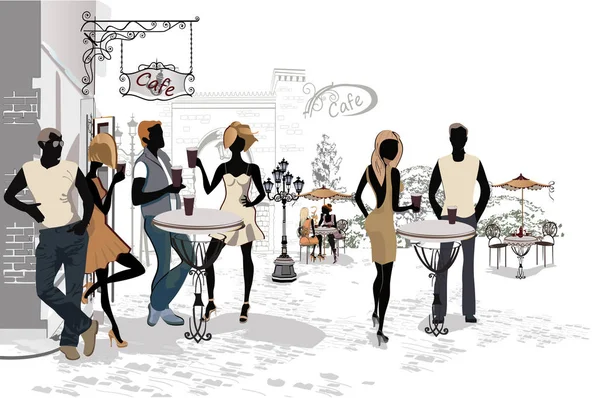 Série Cafés Rue Avec Des Gens Des Hommes Des Femmes — Image vectorielle