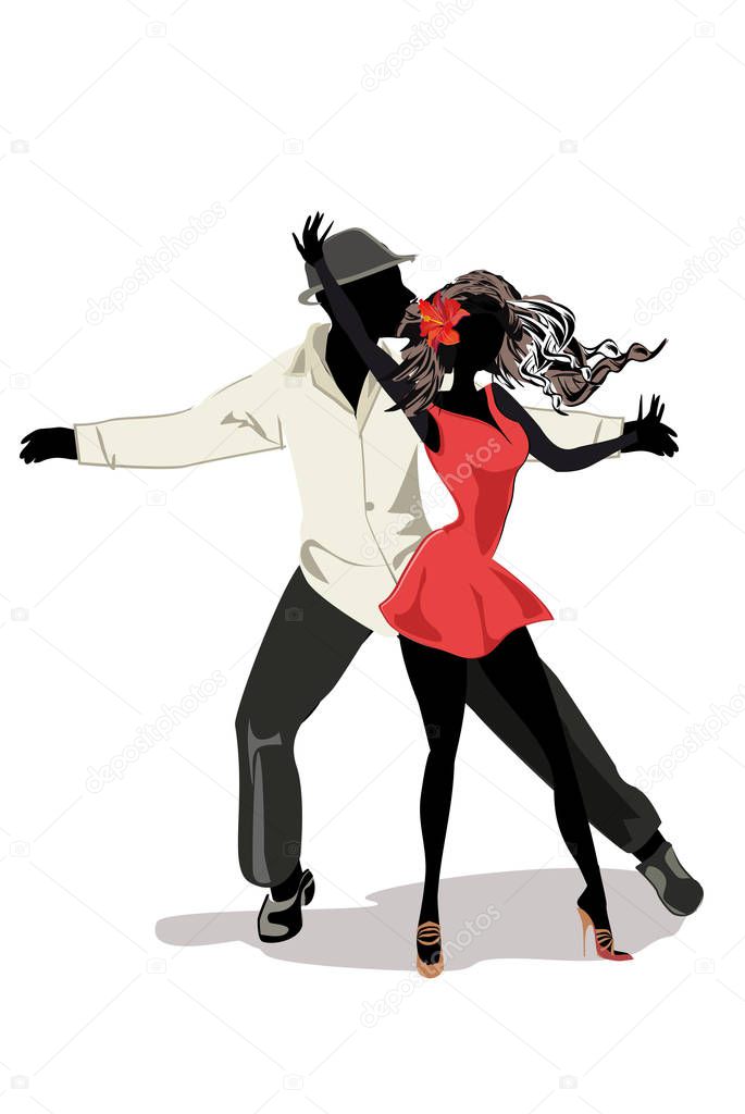 Romantic couple in passionate Latin American dances. Salsa festival. Hand drawn poster background.