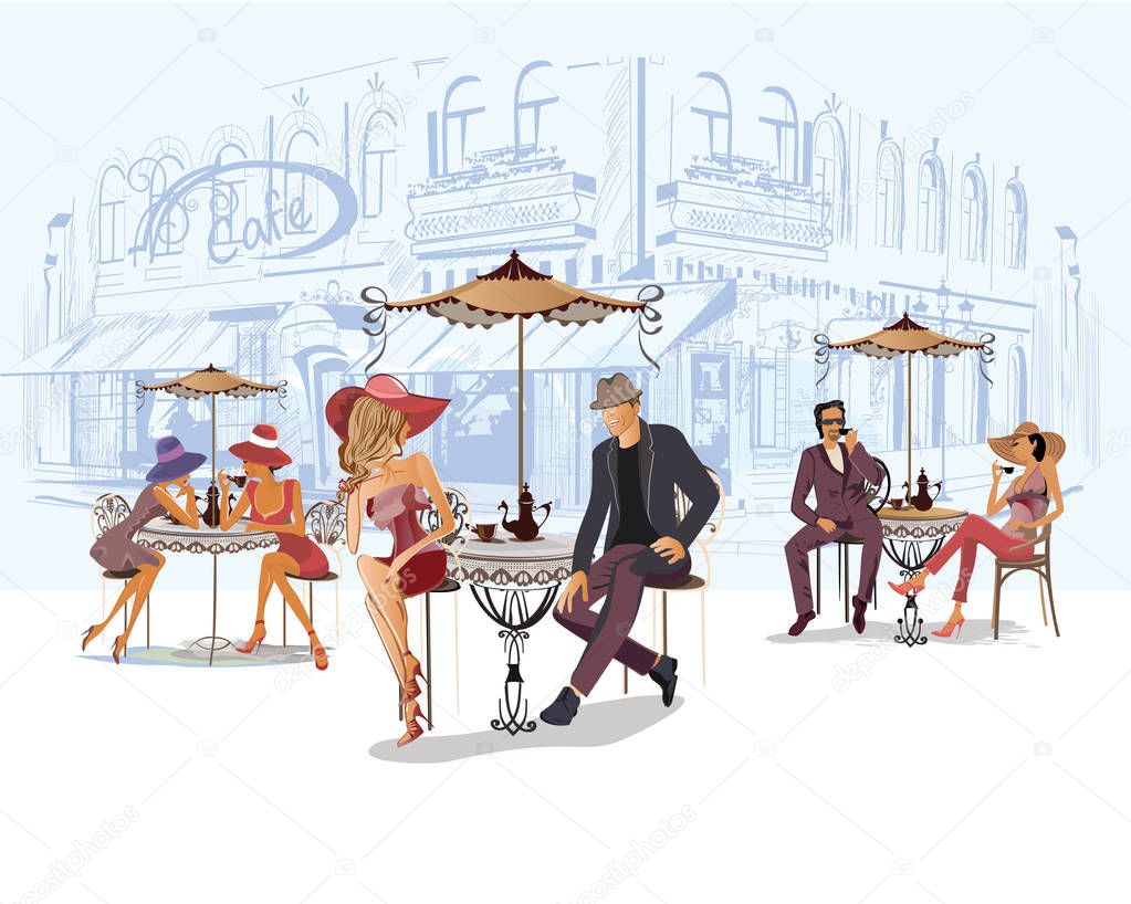 Series of the street cafes with people, men and women, in the old city, vector illustration. Waiters serve the tables. 