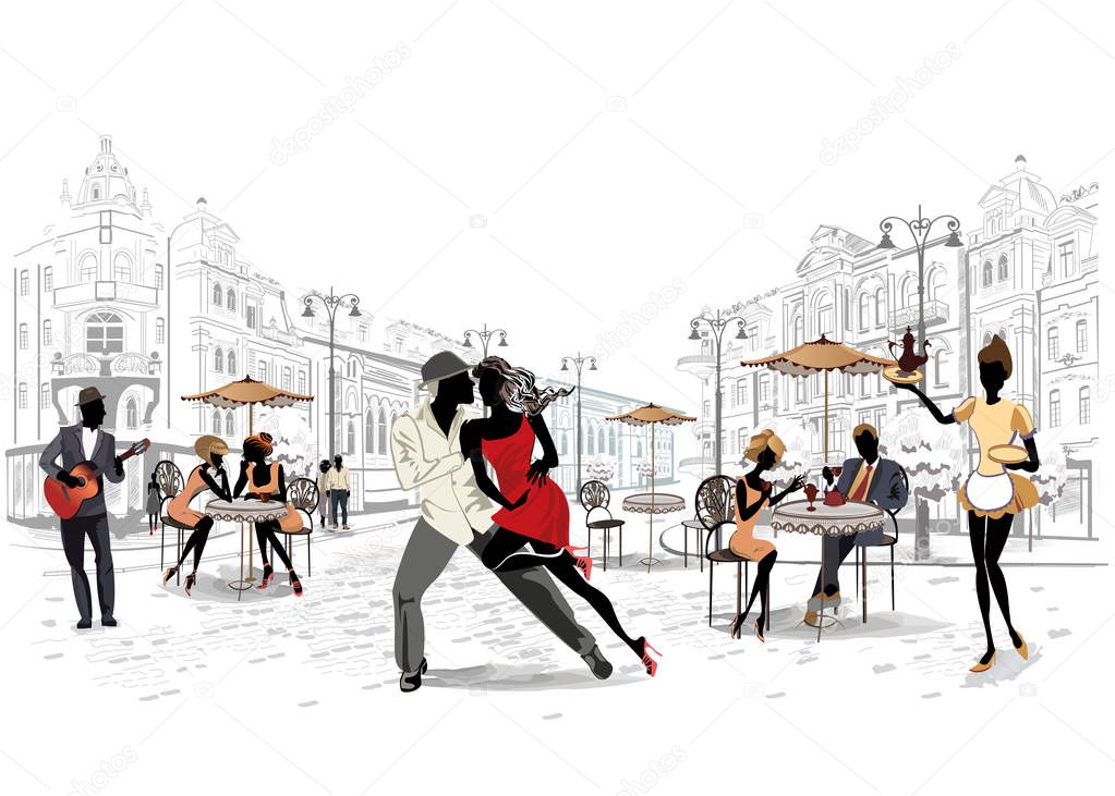 Romantic couple in passionate Latin American dances. Salsa festival. Hand drawn poster background.