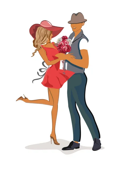 Romantický Pár Žena Červeném Klobouku Muž Objímání Vektorové Ilustrace — Stockový vektor