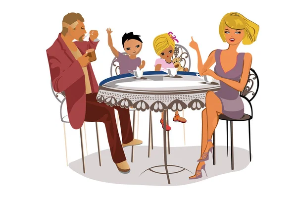 テーブルで食べて 小さな子どもを持つ母親 幸せな家族のベクトル イラスト — ストックベクタ