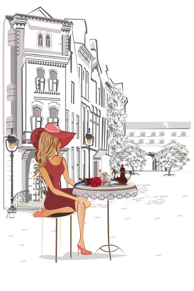 Serie Cafés Callejeros Con Gente Hombres Mujeres Ciudad Vieja Ilustración — Vector de stock