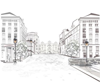 Eski şehrin sokak kez dizi. Vektör mimari arka plan tarihi binaları ile el çekilmiş.