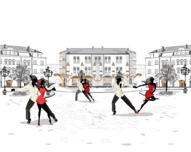 Tutkulu Latin Amerika danslarında güzel romantik bir çift. Salsa festivali. El çizimi poster arkaplanı.