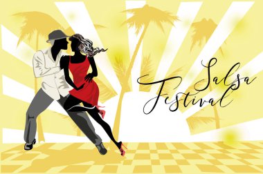 Tutkulu Latin Amerika danslarında güzel romantik bir çift. Salsa festivali. El çizimi poster arkaplanı.