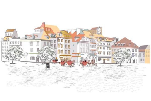 旧市街のストリート ビューのシリーズ 手描きベクトル歴史的建造物を背景に建築 — ストックベクタ