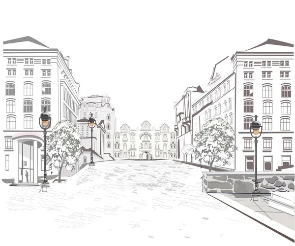 旧市街のストリート ビューのシリーズ 手描きベクトル歴史的建造物を背景に建築 — ストックベクタ