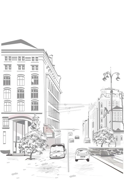Série Vistas Rua Cidade Velha Vetor Desenhado Mão Fundo Arquitetônico — Vetor de Stock