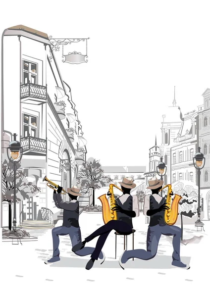 Musicisti Alla Festa Jazz Band Illustrazione Del Vettore Disegnato Mano — Vettoriale Stock