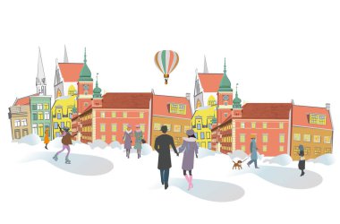 Eski şehirde kış, renkli sokak kez dizi. Vektör mimari arka plan tarihi binaları ile el çekilmiş.