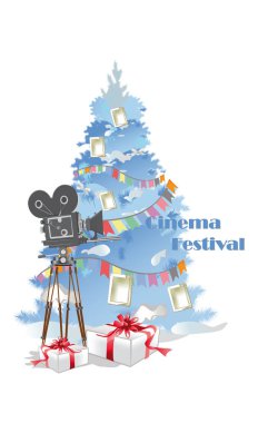 Retro sinema kamera ve hediyeler ile Noel ağacı Noel poster. Vektör çizim.
