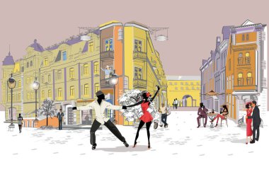 Eski kentin moda insanlarla renkli retro sokak kez dizi. El vektör mimari arka plan tarihi binaları ile çekilmiş. Sokak müzisyenleri.