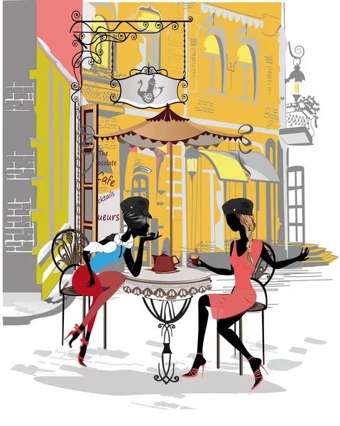 旧市街のファッションの人々 とカラフルなレトロな街の景色のシリーズ 手には 歴史的建造物を背景に建築ベクトルが描かれました ストリート ミュージシャン — ストックベクタ
